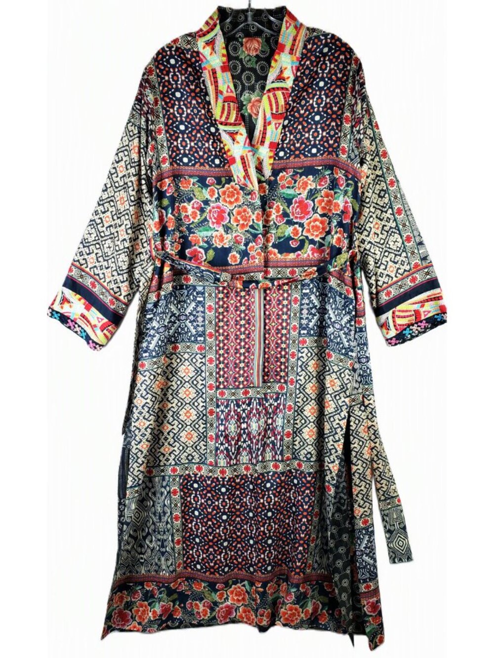 Johnny Was Patchwork Long Kimono 100% Silk Reversible Embroidered Floral size XS